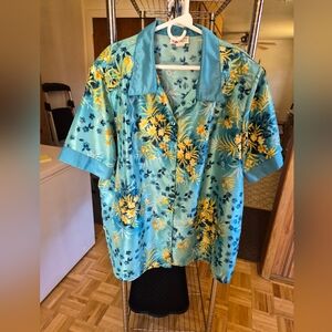 3x Maggie Sweet Turquoise Floral Button-Down Shirt with Yellow Blooms